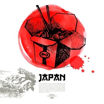 Hand drawn Japanese sushi illustration. Sketch and watercolor menu background
