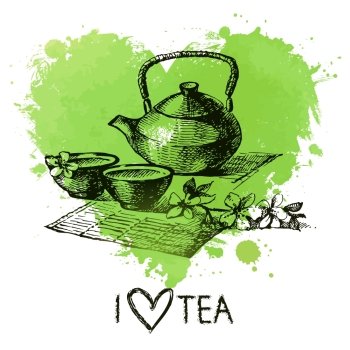 Tea background with splash watercolor heart and sketch . Hand drawn illustration. Menu design
