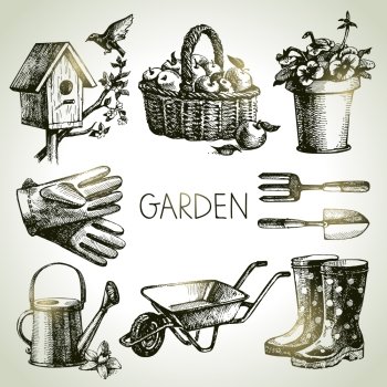 Sketch gardening set. Hand drawn design elements 
