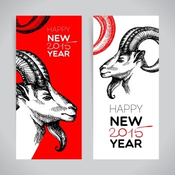 Happy New Year and Merry Christmas banner set. Hand drawn sketch portrait of goat. Vector illustration cards