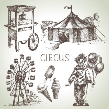 Hand drawn sketch circus and amusement vector illustrations. Vintage icons