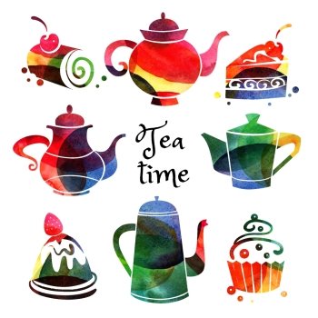 Set of watercolor teapot and sweet cake silhouettes. Vector tea time illustration