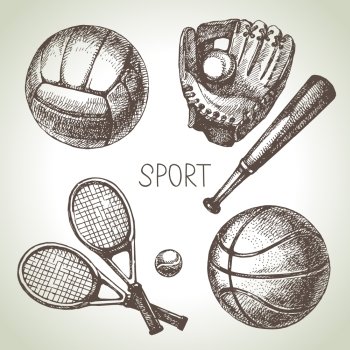 Hand drawn sports set. Sketch sport balls. Vector illustration