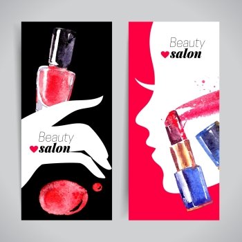 Watercolor cosmetics banner set. Vector illustration. Beauty salon design