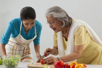 Woman teaching granddaughter how to cut tomato