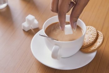 Cropped image of woman adding sugar cube to tea