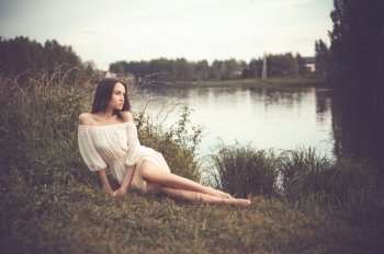 Outdoors fashion  photo of beautiful romantic lady at river