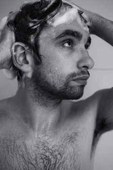 Monochrome Portrait of The young man Take  shower