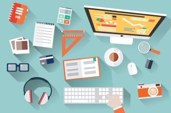 Flat design objects, work desk, long shadow, office desk, computer and stationery