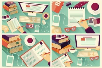 Collection of four flat work desks, long shadow, office desk, computer and stationery, vector illustration