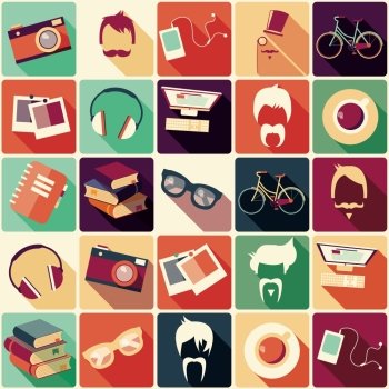 Collection of retro hipster elements, hairstyles and items, vector illustration