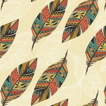 Seamless pattern with vintage tribal ethnic hand drawn colorful feathers, vector illustration