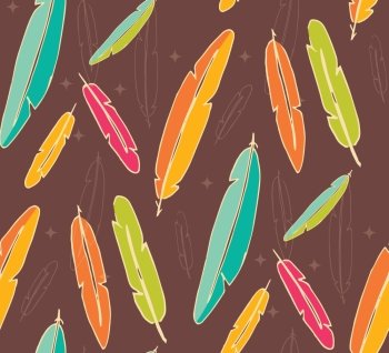 Bohemian colorful feathers, hand drawn, seamless pattern, vector illustration