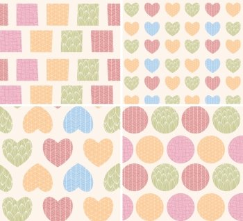 Four patterns with ornamental line drawings, hearts, squares and circles, vector illustration
