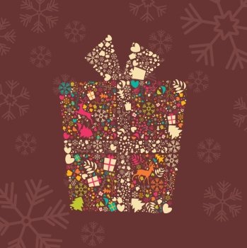 Ornamental Christmas gift box with reindeers, snowflakes and flowers, vector illustration
