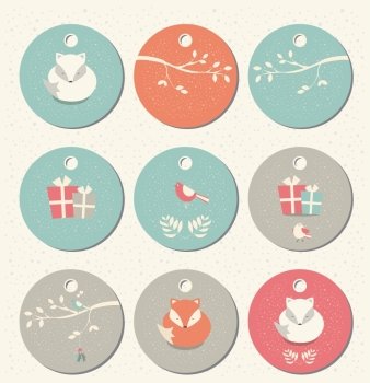 Collection of 9 round Christmas and New Year gift tags with foxes, birds and branches, vector illustration