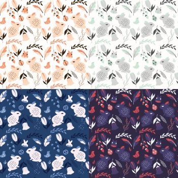 Collection of four seamless patterns with rabbits, lady bugs, birds and flowers, vector illustration