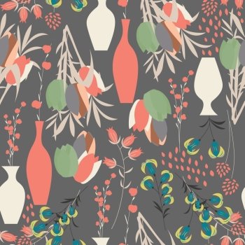 Vector seamless pattern with floral elements, spring flowers, tulips, lilies and vases, vector illustration