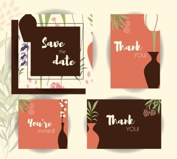 Wedding invitation card templates, wedding set with floral seamless pattern, vector illustration