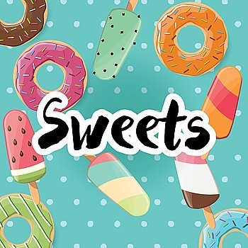 Poster design with colorful glossy tasty donuts and ice cream, vector illustration