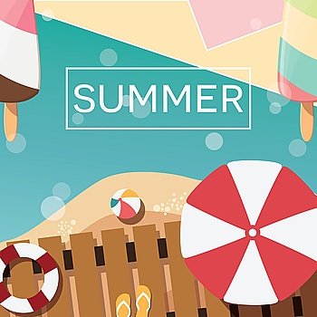 Modern typographic summer poster design with ice cream, beach and geometric elements, vector illustration