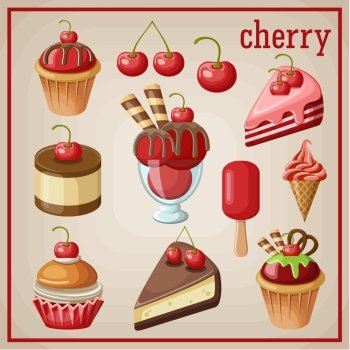 Set of sweets with cherry. vector illustration