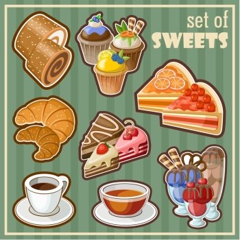 Image of set of vintage icons of different sweets. vector illustration