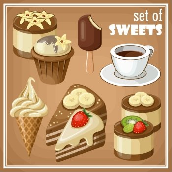 Vector set of sweets and cakes, ice cream and cupcakes.
