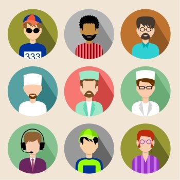 Image of flat round icons with men of different species.Vector illustration