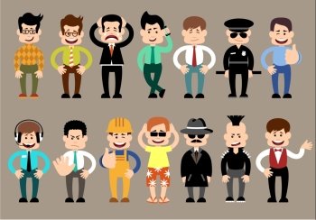 Set of men different characters, pose, profession. Vector illustration