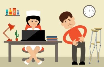 Doctor talking to her male patient at office. Vector illustration
