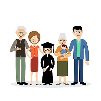 Big family with the child graduate on a white background