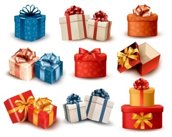 Set of colorful retro gift boxes with bows and ribbons. Vector illustration.