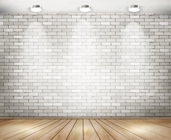 White brick room with spotlights. Vector.