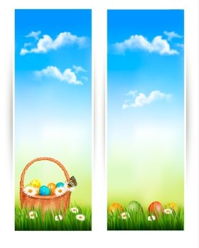 Easter banners with Easter eggs in basket and flowers. Vector 