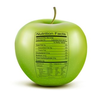 Apple with nutrition facts label. Concept of healthy food. Vector.