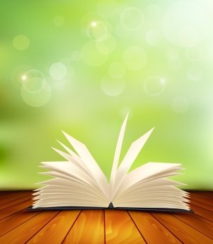 Open book on a wooden floor in front of a green background. Vector. 