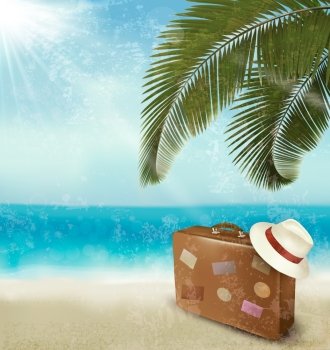 Vintage beautiful seaside background with suitcase and a hat. Vector 