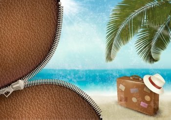 Vintage beautiful seaside background with suitcase and a hat. Vector illustration.
