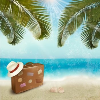 Vintage beautiful seaside background with suitcase and a hat. Vector illustration. 