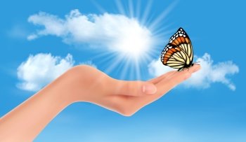 Hand holding a butterfly against a blue sky and sun. Vector illustration. 