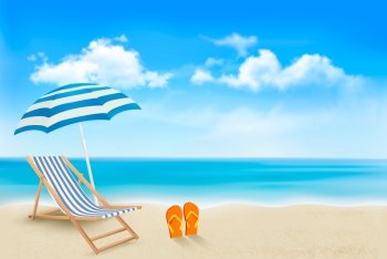 Seaside view with an umbrella, beach chair and a pair of flip-flops. Summer vacation concept background. Vector. 