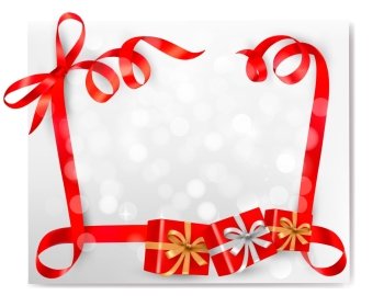Christmas background with red gift bow with gift boxes. Vector 
