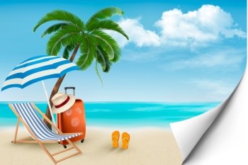 Beach with palm trees and beach chair. Summer vacation concept background. Vector. 