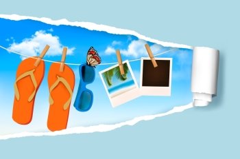 Flip flops, sunglasses and photo cards hanging on a rope. Summer memories background. Vector.