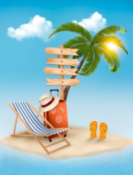 Beach with a palm tree, a direction sign and a beach chair. Summer vacation concept background. Vector.