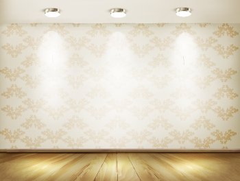 Wall with spotlights and wooden floor. Showroom concept. Vector illustration. 