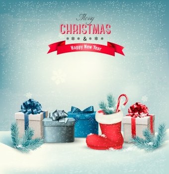 Holiday Christmas background with gift boxes and a boot. Vector. 