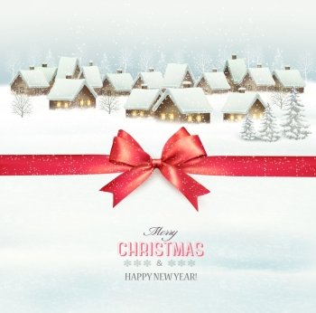 Holiday Christmas background with a village and a red gift ribbon. Vector. 
