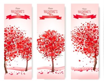 Three Holiday banners. Valentine trees with heart-shaped leaves. Vector 